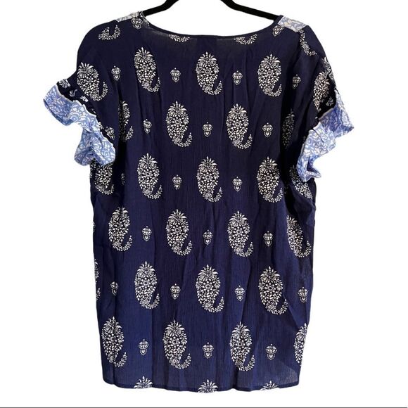 😊 3/$30 NWT COMO VINTAGE top Sz S ruffle sleeve light & dark blues - Picture 3 of 9